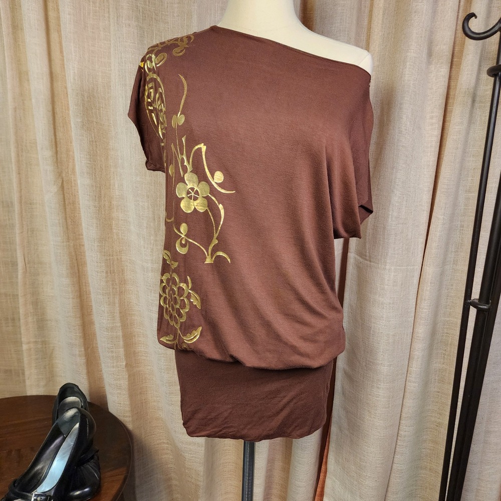 Vintage Y2K Bebe XS Brown Gold Tattoo Graphic Off Shoulder Mini Dress USA